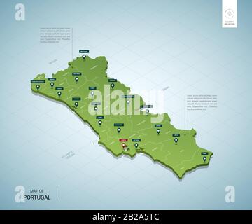 Stilisierte Karte von Portugal. Isometrische 3D-Grünkarte mit Städten, Grenzen, Hauptstadt Lissabon, Regionen. Vektorgrafiken. Editierbare Ebenen, die deutlich beschriftet sind. Stock Vektor