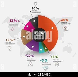 Infografik Vektor. Kreisdiagramm mit 6 Elementen für Diagramme, Flussdiagramm, Zeitachse, Geschäftsbericht, Diagramm oder Diagramm Stock Vektor