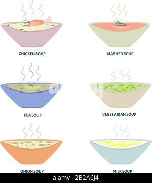 Internationaler Suppentag 5. April. Huhn, vegetarisch, Erbsen, Kartoffelsuppe. Suppen. Infografiken. Vektordarstellung auf isoliertem Hintergrund. Stock Vektor