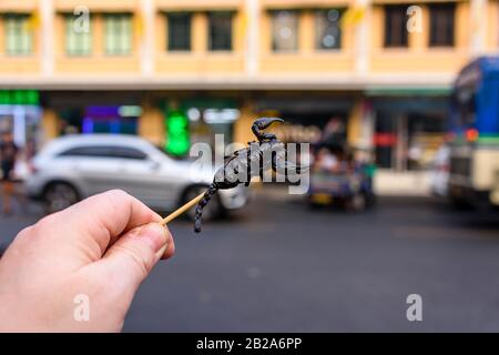 Gebratener Skorpion an einem Spieß, der häufig an Touristen auf der Khaosan Road, einer berühmten Wanderstraße mit Bars und Nachtclubs, in Bangkok, Thailand verkauft wird Stockfoto