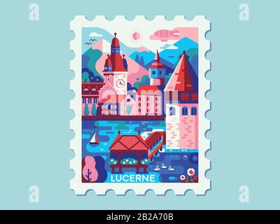 Alps Mountains Stadt Luzerner Vintage Travel Mark Stock Vektor