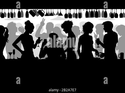 Editierbare Vektorsilhouette von Menschen, die sich in einer überfüllten Bar mit allen Elementen als separate Objekte genießen Stock Vektor