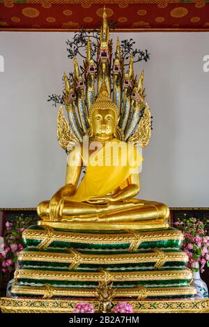 Statue des goldenen Buddha mit einer Safrangarbe, mit einer vielköpfigen Schlange, Wat Pho, Bangkok, Thailand Stockfoto