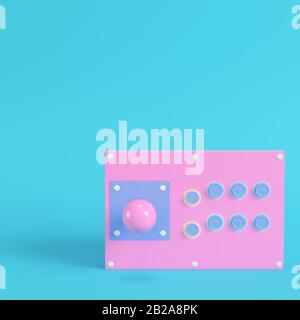 Retro Arcade Game-Controller auf hellblauem Hintergrund in Pastellfarben. Minimalitätskonzept. 3D-Rendering Stockfoto