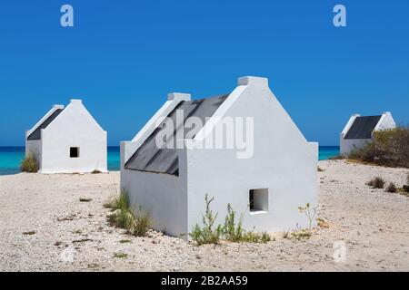 Drei weiße Häuser an der Küste mit blauem Ozean auf der Insel Bonaire Stockfoto