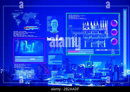 Futuristische virtuelle Grafik künstliche Intelligenz Suchposition in der Stadt auf Computerbildschirm, Illustratorenbild Stockfoto