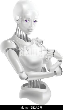 Schöne Roboterfrau steht in eleganter Pose. Isoliert auf weißem Hintergrund. Stock Vektor