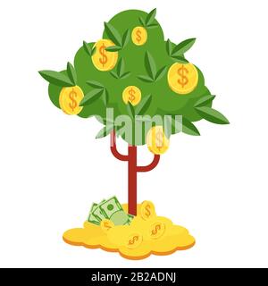 Geldbaum mit Goldmünzen und Papierdollar. Stock Vektor