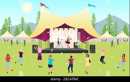 Sommerliche Musik Festival Flat Vector Illustration. Live-Performance unter freiem Himmel. Rock, Popmusiker-Konzert im Park, Camp. Genießen Sie Musik im Freien Stock Vektor