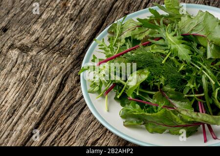 Frische Salatblätter auf dem Teller mit Platz für Kopien mischen Stockfoto