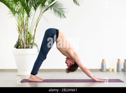 Geschmeidige Passform der Mann, der einen nach unten gerichteten Hundeyoga-Pose auf einer Matte in einer hochwichtigen Sporthalle in einem niedrigen Winkel in der Seitenansicht für ein Gesundheits- und Fitnesskonzept macht Stockfoto