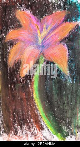 Skizze der Lilienblume auf schwarzem Hintergrund handgezeichnet von Pastell auf Papier Stockfoto