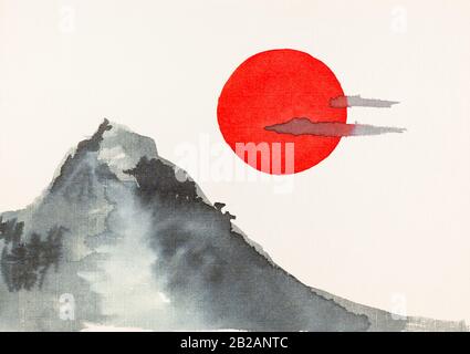 Mount und rote Sonne handgezeichnet von Aquarellen auf erhabenen cremefarbenen Papier im Sumi-e-Stil (Suibokuga) Stockfoto