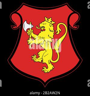 Heraldisch-heraldischer Löwe mit einer Axt und einem heraldischen Schild. Wappen, Heraldik, Emblem, Symbol Stock Vektor