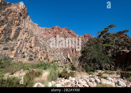 Bergkulisse auf der R328-Straße über den Swartberg Mountain Pass, Little Karoo, Western Cape Province, Südafrika Stockfoto