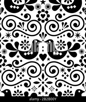Skandinavisches florales Kunstvektor nahtlose Gestaltung, süßes nordisches Muster mit Vögeln in Schwarz auf weißem Hintergrund Stock Vektor