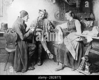 Im Raum neben dem Kachelofen sprechen eine Frau, ein Pfeifenraucher und ein älterer Herr zusammen. Ein idealisierendes Genregemälde des Bauernlebens von Hugo Kauffmann. Stockfoto