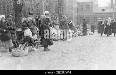 Österreichisch-ungarische Soldaten auf dem Markt von Winica in der Ukraine. Die Ukraine wird von deutschen und österreichischen Soldaten befreit, die versuchen, die Unabhängigkeit der Ukraine im ersten Weltkrieg wiederherzustellen Stockfoto