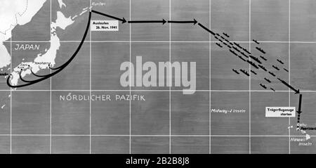 Darstellung der Route der japanischen Flotte beim Angriff auf den US-Marinestützpunkt Pearl Harbor am 7. Dezember 1941. Stockfoto