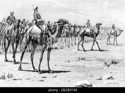 Die Zeichnung zeigt das britische Camel Rider Corps unter General Gordon kurz vor einem Kampf gegen die Mahdi's Army. Der Mahdi-Aufstand zwischen 1881 und 1898 war eine Rebellion, die von Muhammad Ahmad gegen die angloägyptische Herrschaft in den sudanesischen Provinzen angeführt wurde. Erst 1898 gelang es den Briten, den Mahdi-Staat endgültig zu zerstören. Stockfoto