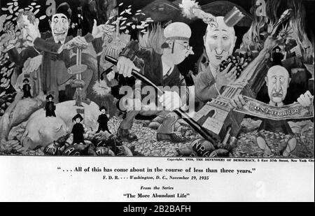 New Deal: Cartoon von "The Defenders of Democracy" in New York mit einem Bild der Serie "The Abundant Life" mit dem Titel: "All dies ist im Laufe von weniger als drei Jahren entstanden". Stockfoto