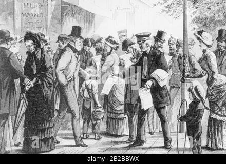 Zeichnung einer Straßenszene in Berlin. Ein Mann verteilt das "Extrablatt". Vor der Erfindung des Rundfunks war diese Quelle die wichtigste Informationsquelle für interessierte Leser. Das Foto ist undatiert. Stockfoto