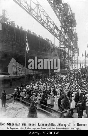 Anlässlich des Starts der SMS-Markgraf versammeln sich viele Schaulustige im Bremer Hafen. Das Schiff ist ein Großlinienschiff und gehört der Koenig-Klasse an. Am 21.06.1919 tuttelte das Schiff. Stockfoto