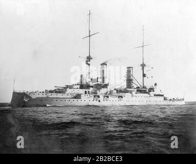 Das Hauptschiff der Kaiserlichen Marine der deutschen Hochseeflotte "Kaiser Wilhelm II." während eines Flottenmanövers. Stockfoto