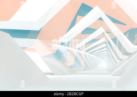 Abstrakter digitaler Grafikhintergrund, Tunnel von durchschnitten polygonalen Strukturen. Doppelbelichtungseffekt, 3D-Rendering-Abbildung Stockfoto