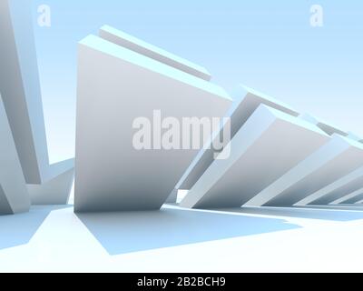 Die abstrakte parametrische Architekturinstallation steht unter hellblauem Himmel. Hintergrund der Computergrafik, Weitwinkelobjektiv, 3D-Rendering-Illustration Stockfoto