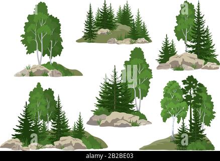 Landschaften mit Bäumen und Felsen Stock Vektor