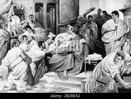 Ermordung Julius Cäsars (100-44 v. Chr.) durch die Senatoren im römischen Senat. Stockfoto