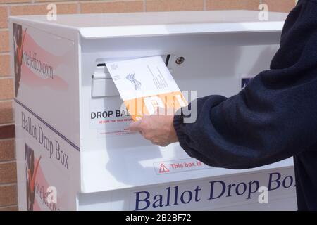 Hand, die den Wahlumschlag von Jefferson County Colorado in die Wahlurne einbringt, fallen in die Wahlbox bei der frühen Wahl der Briefpost Stockfoto