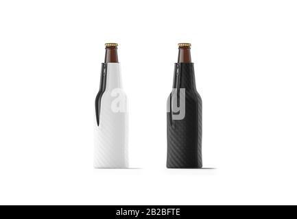 Blank schwarz und weiß zusammenklappbare Bierflasche koozie mockup, isoliert Stockfoto