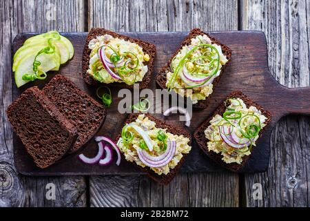 Forshmak Hering Vorspeise aus Hering, grünem apfel, Zwiebel, Essig gemischt mit weicher Butter auf Roggenbrot Toasts serviert auf einem Schneidebrett auf einem g Stockfoto