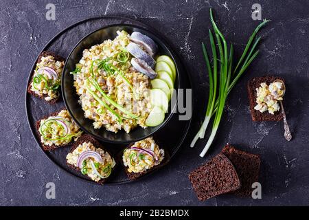 Klassischer jüdischer Forshmak oder Heringsvorspeise aus Hering, grünem apfel, Zwiebel, gemischt mit weicher Butter, die auf Roggenbrottoasten verteilt wird, die auf einer Bla serviert werden Stockfoto