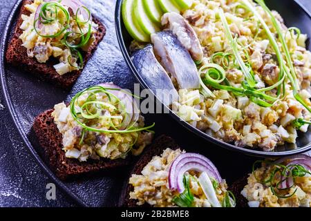 Sandwiches mit Forshmak aus gehacktem Heringsfilet, gemischt mit grünem apfel, hart gekochtem Eigelb, Zwiebel auf einer schwarzen Platte, horizontal orientierend Stockfoto