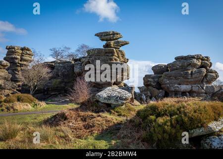 Felsige Landschaft, Brimham Rocks, Nidderdale, North Yorkshire Stockfoto