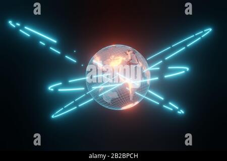 Hologramm Planet Erde mit Satellitenorbits, Kommunikations- und Internet-Geschäftskonzept. Futuristisches 3D-Rendering für die Visualisierung. Stockfoto