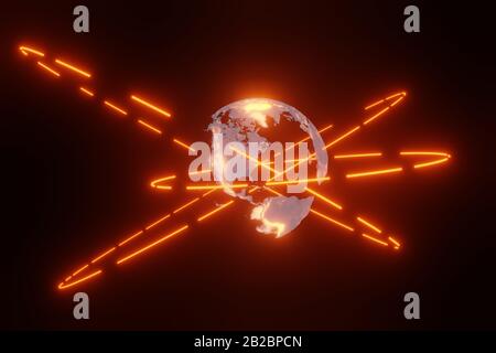 Hologramm Planet Erde mit Satellitenorbits, Kommunikations- und Internet-Geschäftskonzept. Futuristisches 3D-Rendering für die Visualisierung. Stockfoto