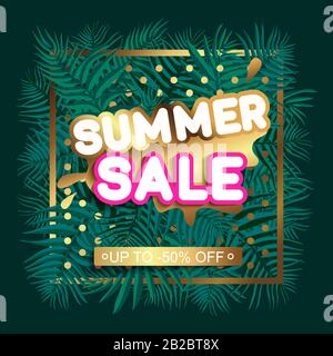 Sommer Verkaufsankündigung Hintergrund mit Blättern, Stamm isoliert auf grüner Kulisse. Stock Vektor