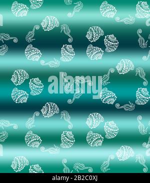 Vektor-Darstellung des marinen nahtlosen Musters.Weiße Hand zeichnet Seepferdchen und Meeresschalen auf abstraktem Meereswellenhintergrund Stock Vektor