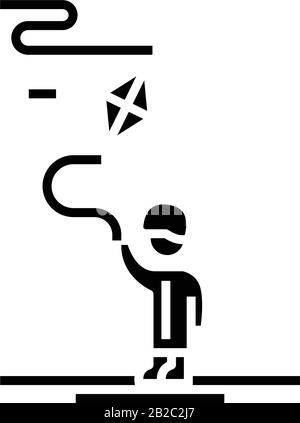 Kite Flying Black Icon, Konzeptabbildung, Vektor-Flat-Symbol, Glyph-Zeichen. Stock Vektor