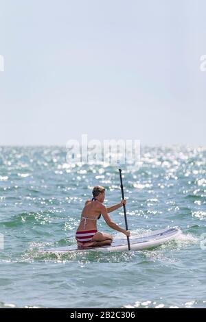 Eine Frau, die einen Bikini trägt, kniet auf einem SUP-Stehpaddelbrett und lernt und übt an einem schönen Strandtag im sonnigen Neapel Floridas Stockfoto