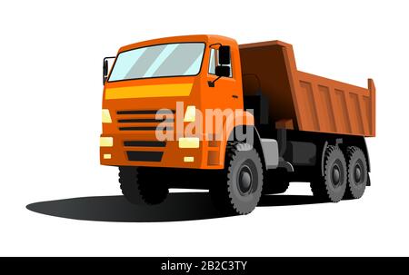 Großer Kippwagen mit orangefarbener Kabine und orangefarbenem Gehäuse. Dreiviertelansicht. Stock Vektor