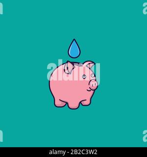 Wassersparkonzept. Wassertropfen in piggy Bank Vector Illustration für den Weltwassertag am 22. März. Stock Vektor