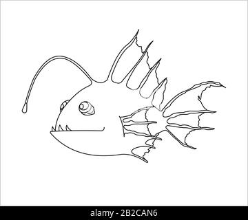 Umreißen SIE EINEN Schrecklichen und Lustigen Fisch Mit einer Taschenlampe. Seeteufel. Seefisch. Modernes flaches Vektorbild Isoliert auf weißem Hintergrund. Stock Vektor