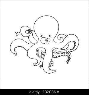 Kraken. Lächelnder Octopus Mit Saugern auf Tentakeln. Hält einen Verunglückten Fisch von Tentacle. Für Kinder-Malbücher. Vektorbild auf weißem Hintergrund umreißen Stock Vektor