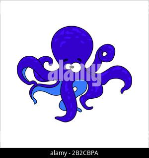 Kraken. Lächelnder blauer Kraken. Freundlicher Octopus. Vektorbild auf weißem Hintergrund. Stock Vektor