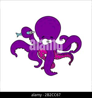 Kraken. Lächelnder Tintenfisch mit Saugern auf Tentakeln. Hält einen unzufriedenen Fisch. Vektorbild auf weißem Hintergrund. Stock Vektor